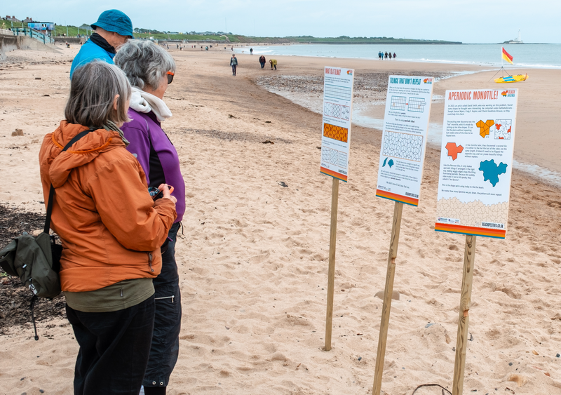 People looking at poster boards on stakes in the sand.