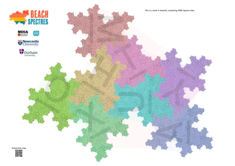 A drawing of the level-4 Specter metatile. It's split into coloured regions, each labelled with a letter.